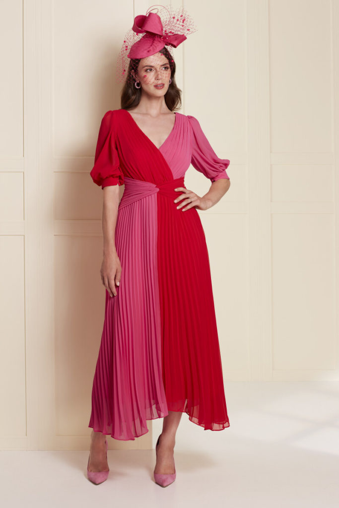 John Charles | Pink and red colour block pleated dress | 66330A | Mary's of Enfield