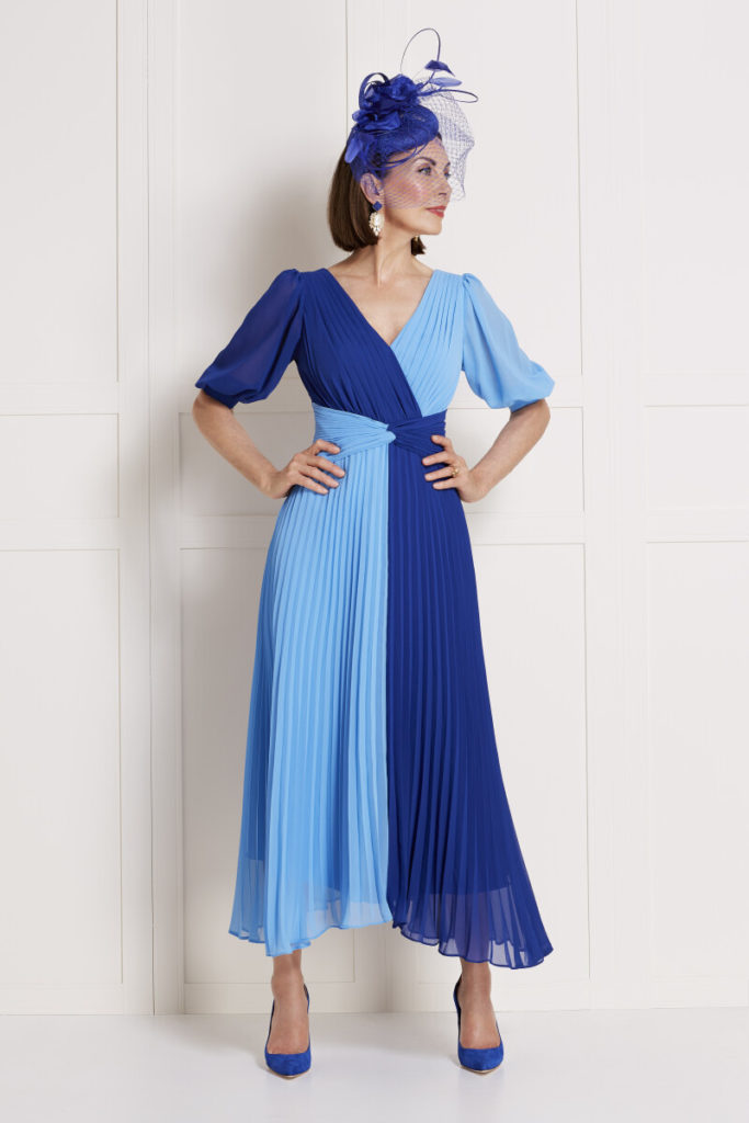 John Charles | Royal and sky blue colour block pleated dress | 66330A | Mary's of Enfield