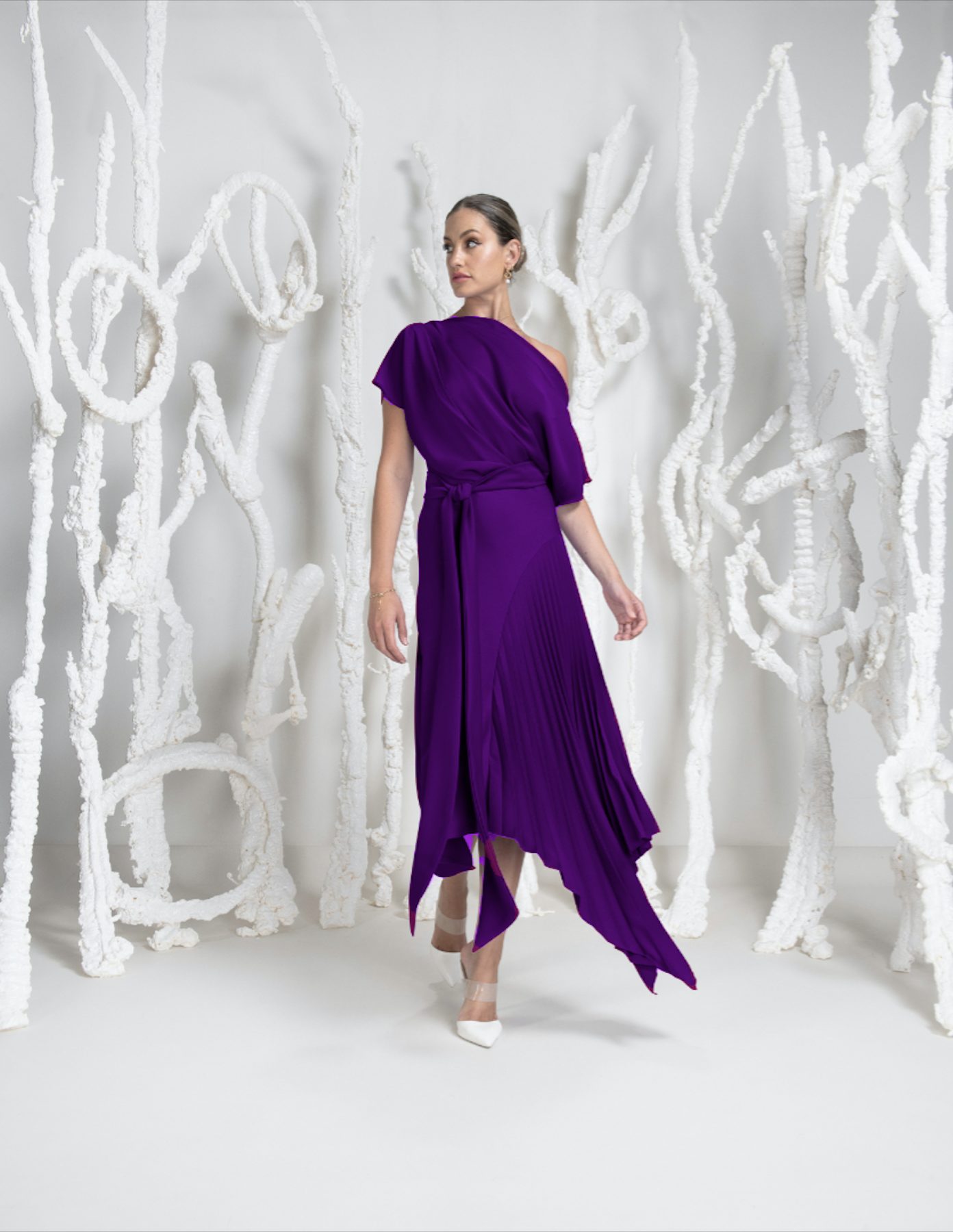 Kevan Jon-Mila-Purple satin dress with pleats-Marys of Enfield