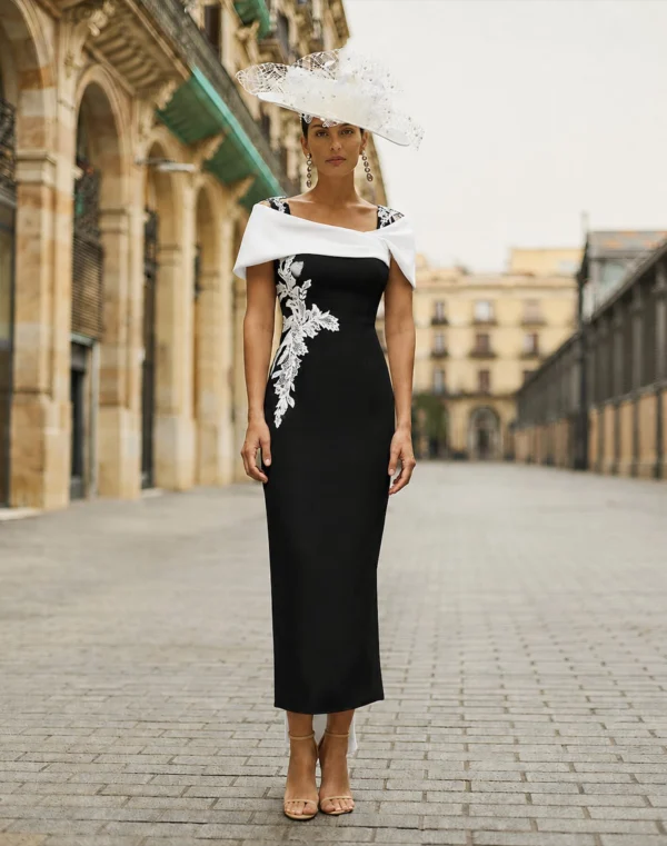 black & white dresses uk WEDTREND Women Black and White Mother of the Bride Dress with Appliques  Half Sleeve A Line High Low Wedding Guest Dress  Wedtrend UK